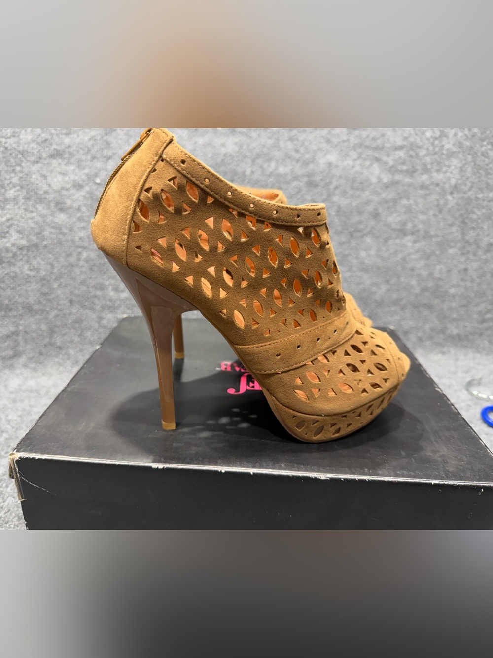 JustFab Tan Suede Laser-Cut High Heel Bootie SALE!